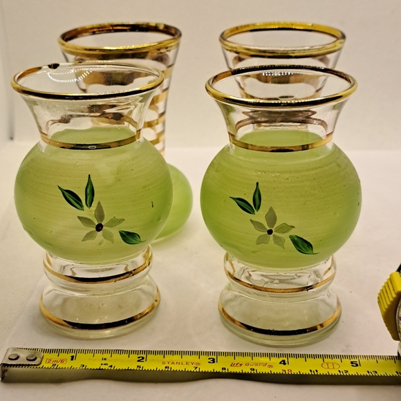4 Small Vintage Bartlett Collins Green Frosted Glass, Hand Painted Vases - Picture 2 of 8